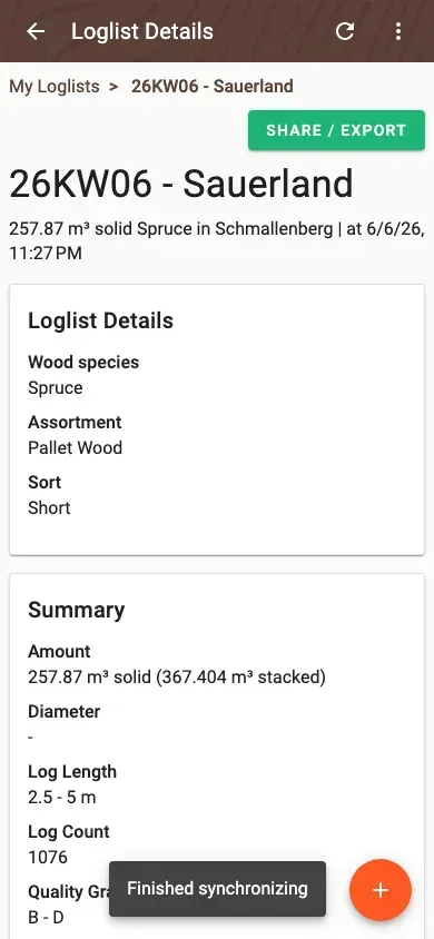 Wood-list detail with summary and pile overview