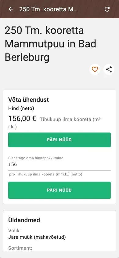 Offer detail with price, quality and price suggestion