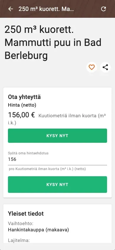 Offer detail with price, quality and price suggestion