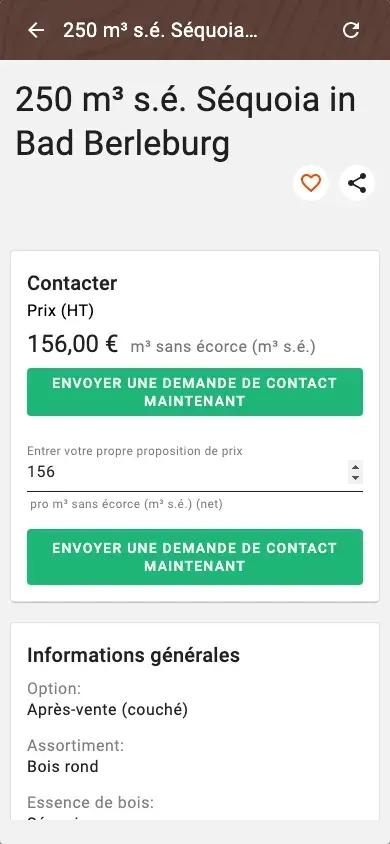 Offer detail with price, quality and price suggestion
