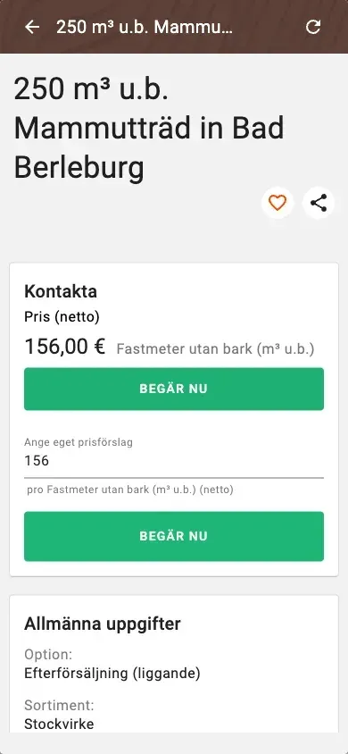 Offer detail with price, quality and price suggestion