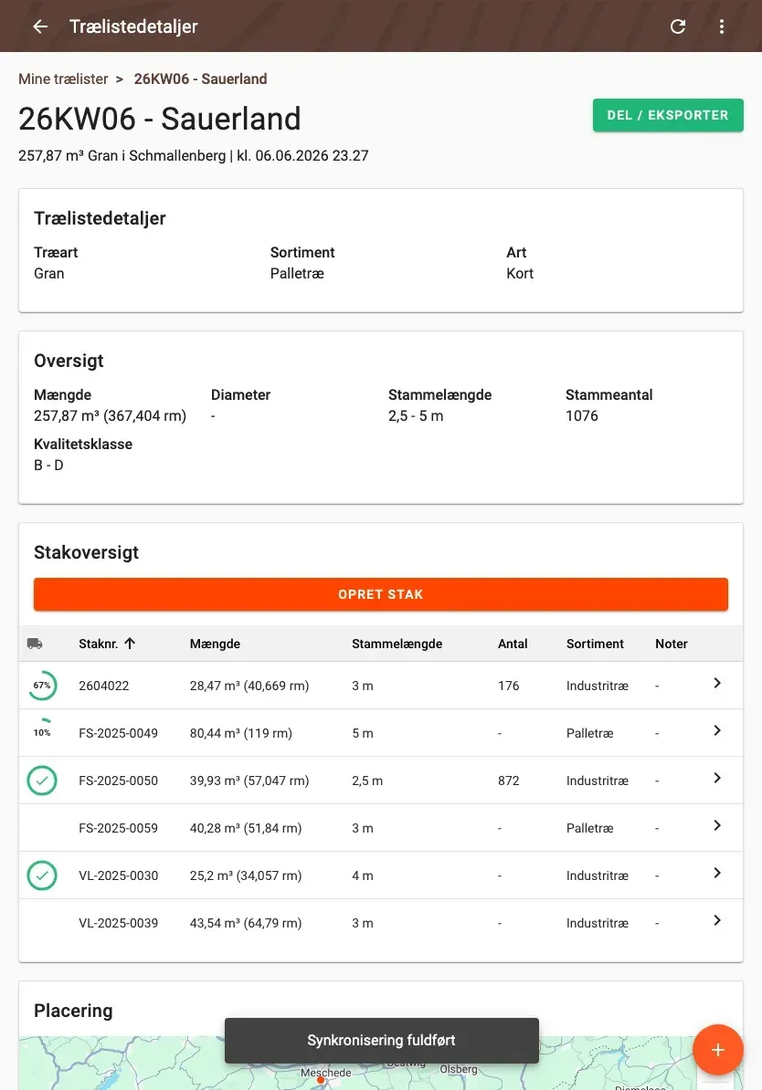 Wood-list detail with summary and pile overview