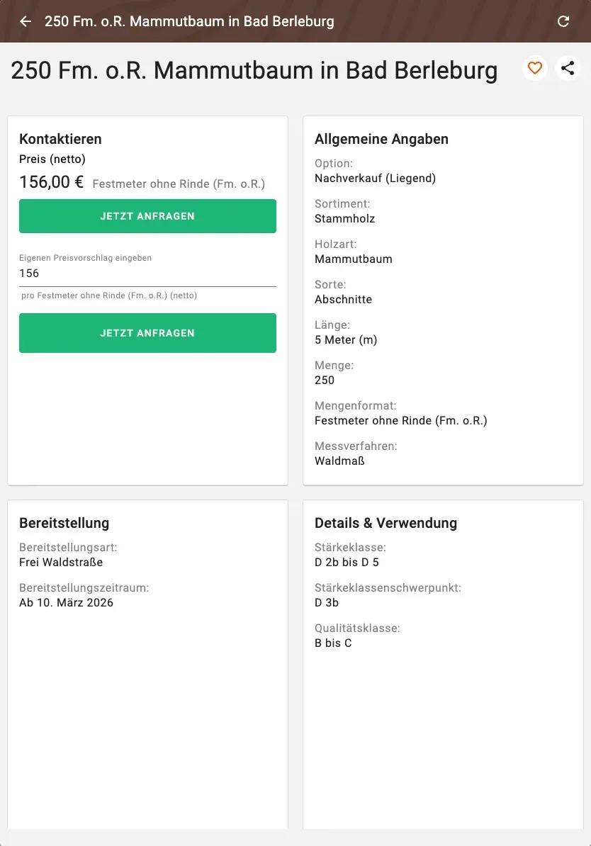 Angebotsdetail mit Preis, Qualität und Preisvorschlag