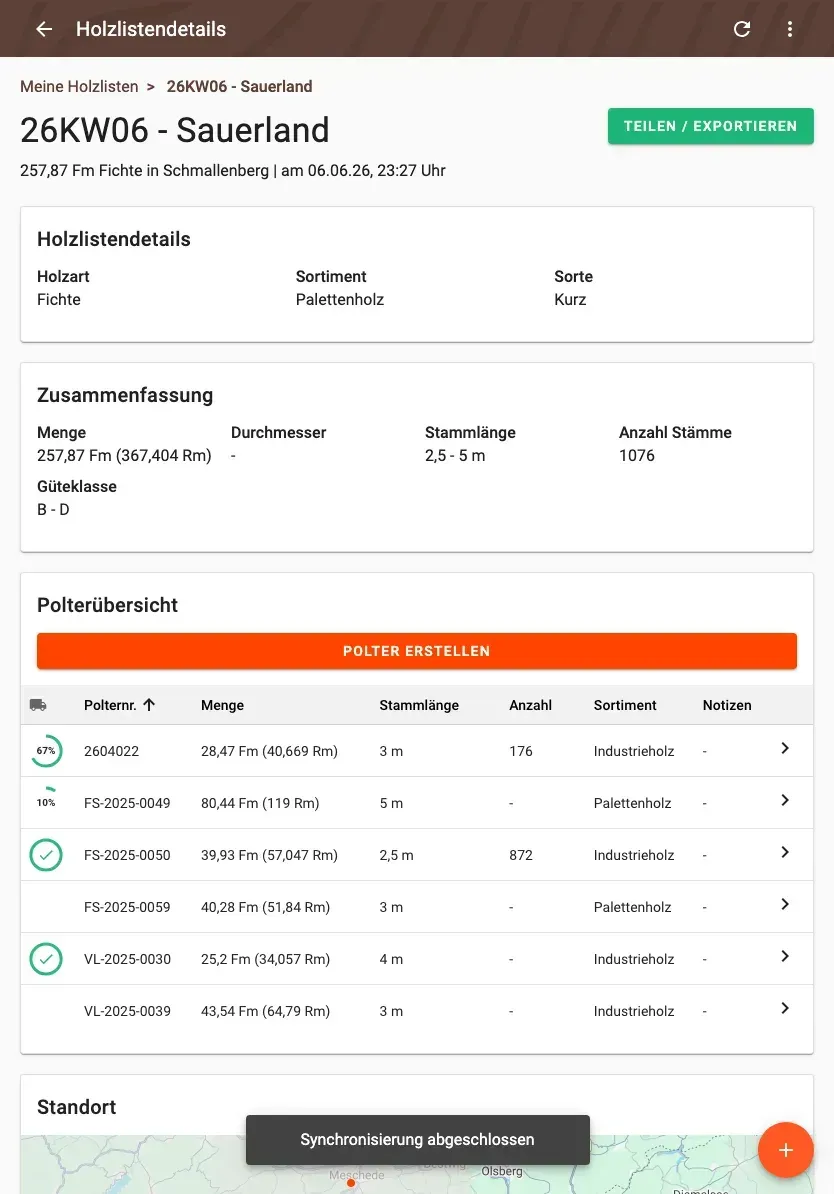 Holzlistendetail mit Zusammenfassung und Polterübersicht