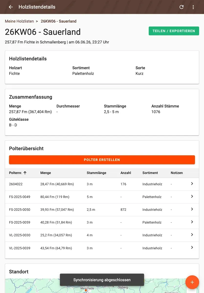 Wood-list detail with summary and pile overview