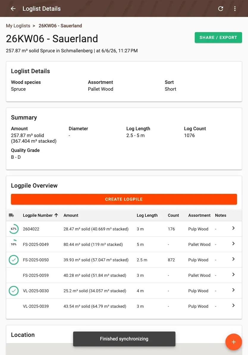Wood-list detail with summary and pile overview