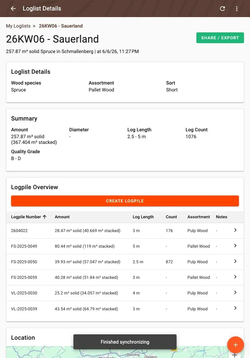 Wood-list detail with summary and pile overview