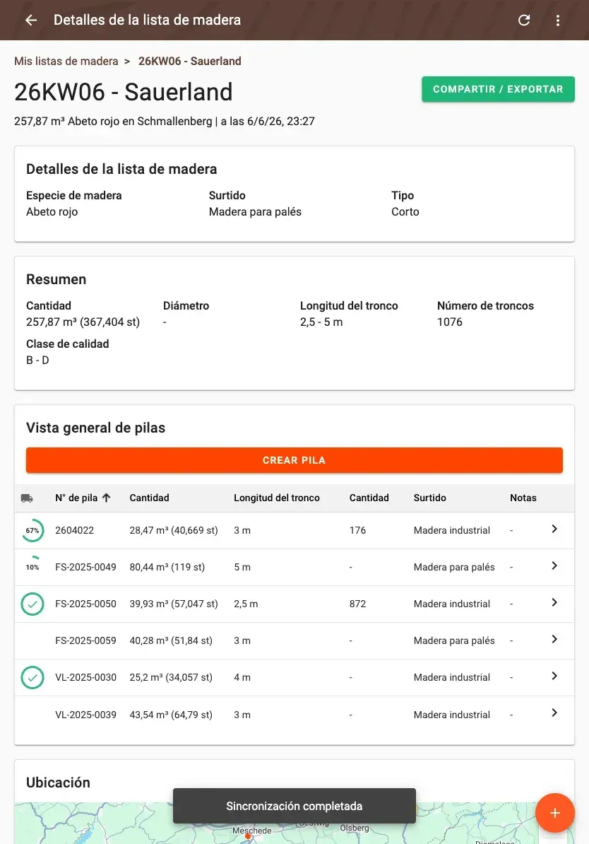 Wood-list detail with summary and pile overview