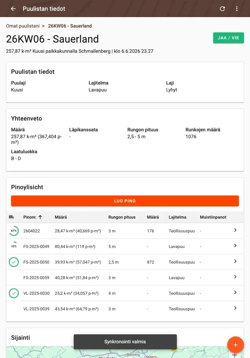 Wood-list detail with summary and pile overview