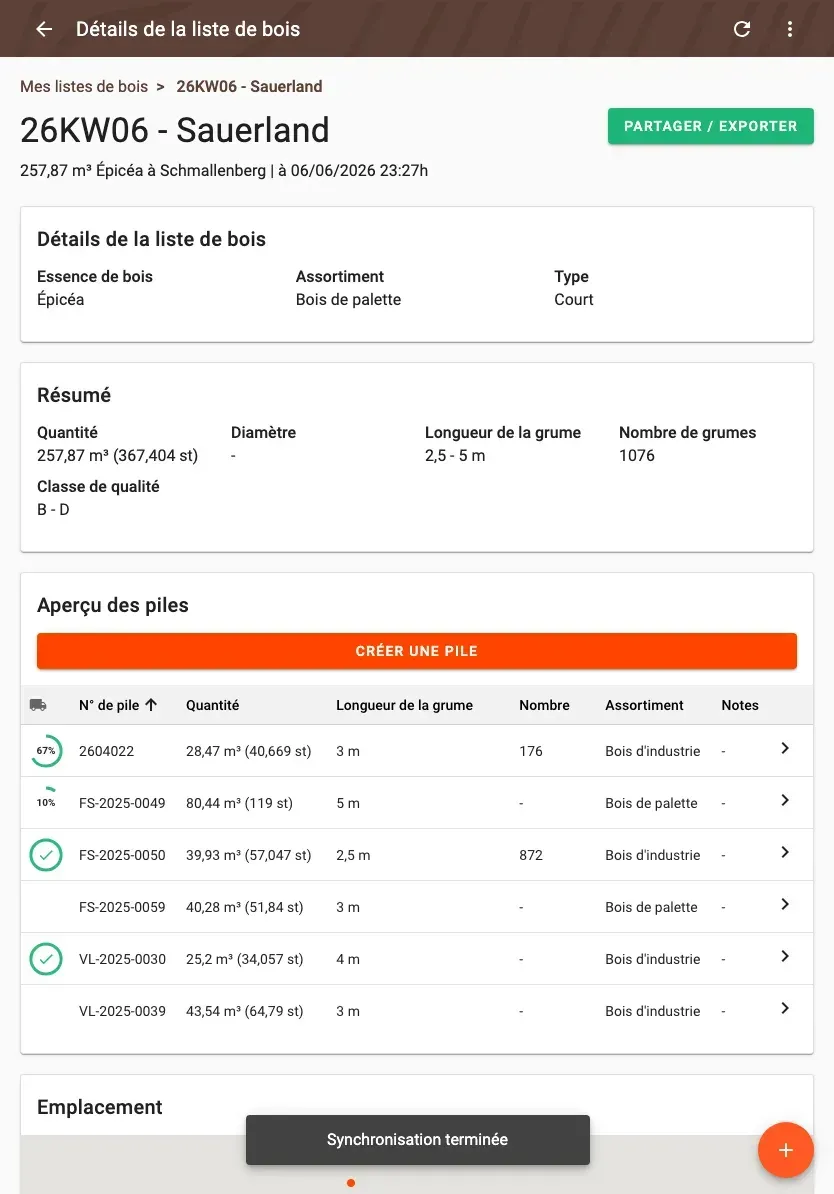 Wood-list detail with summary and pile overview