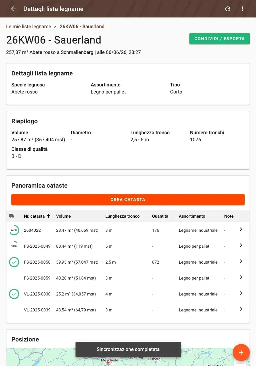 Wood-list detail with summary and pile overview