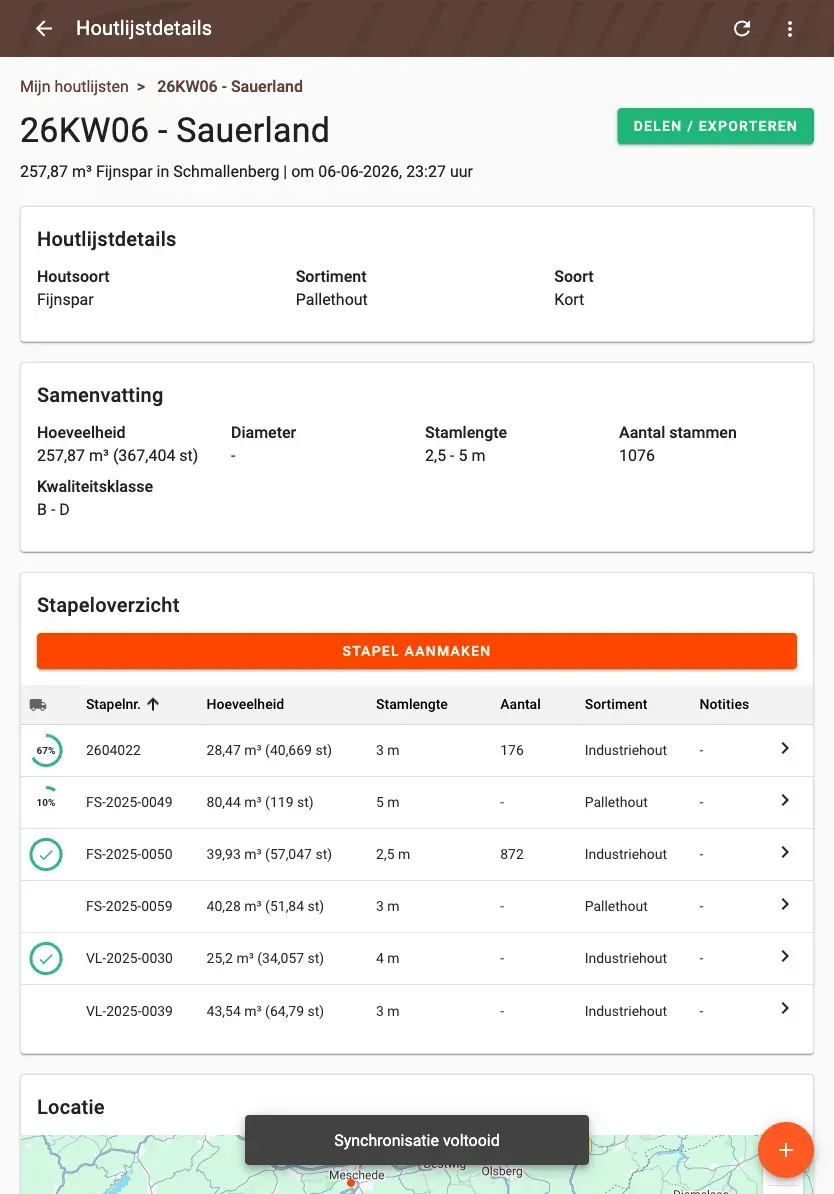 Wood-list detail with summary and pile overview