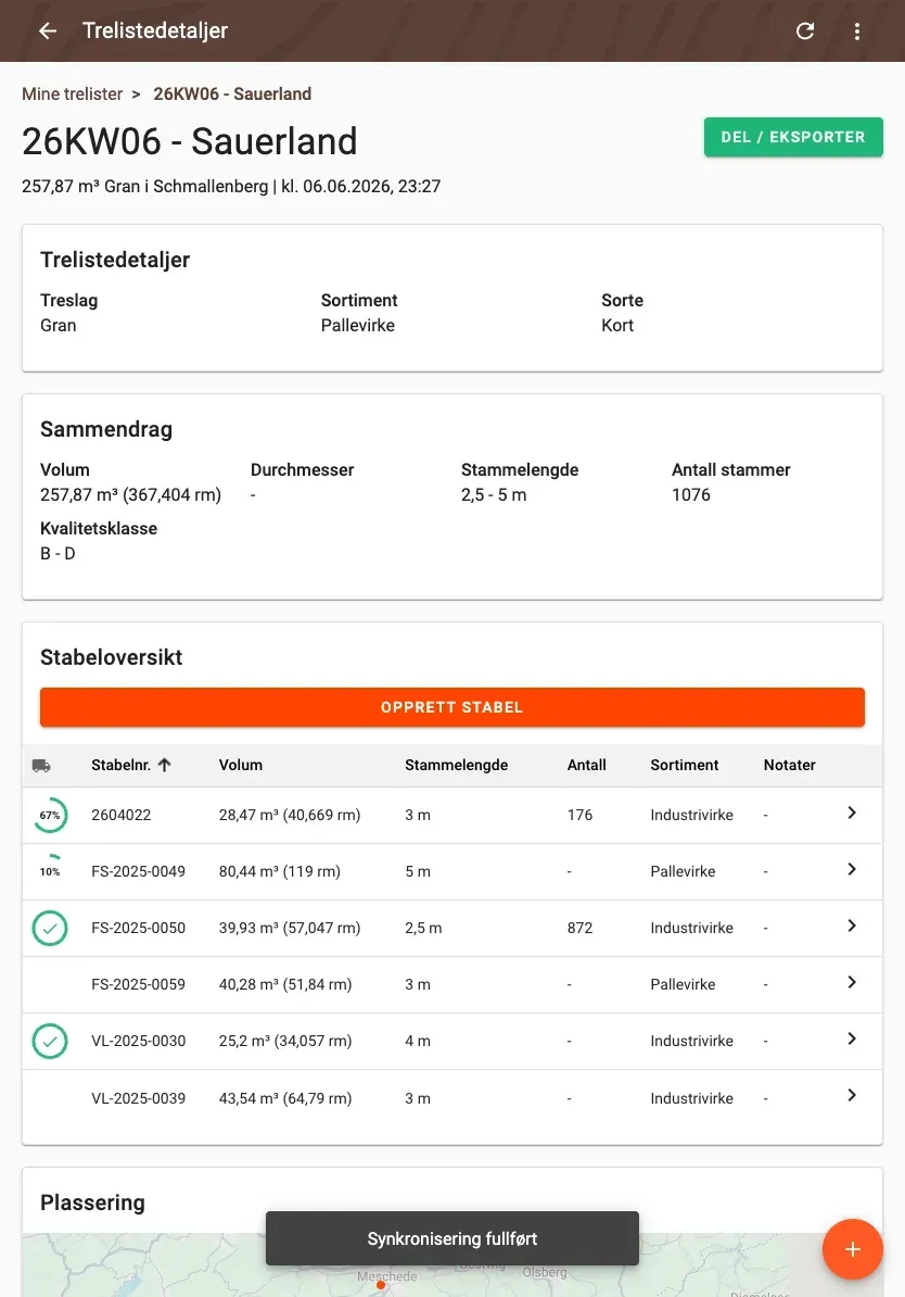 Wood-list detail with summary and pile overview