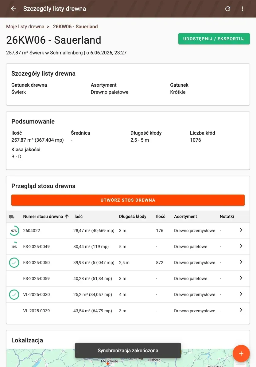 Wood-list detail with summary and pile overview
