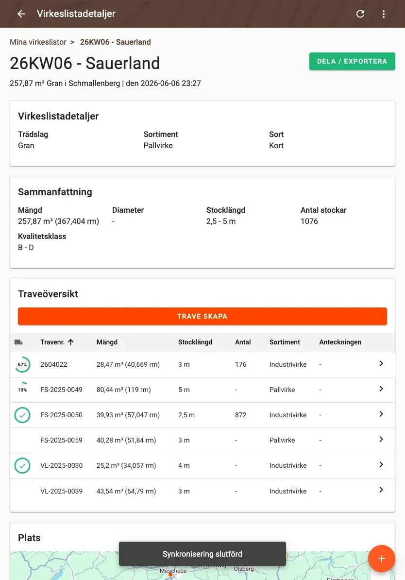 Wood-list detail with summary and pile overview
