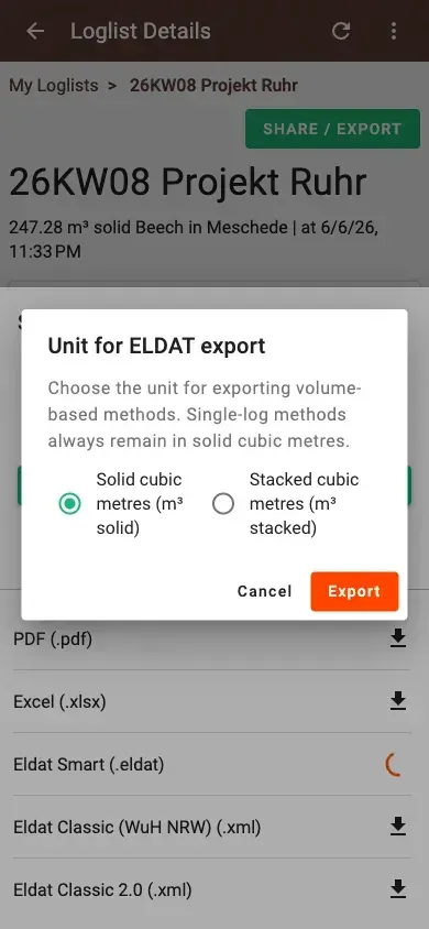 Info dialog for the ELDAT smart export