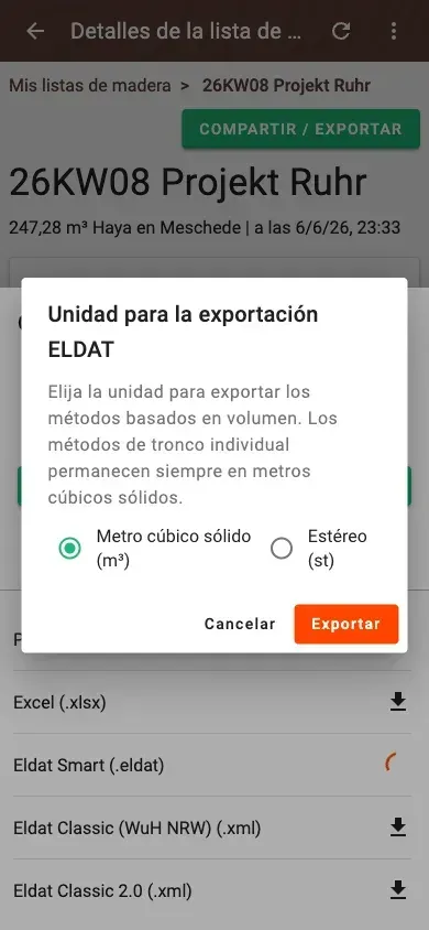Ventana informativa para la exportación ELDAT smart
