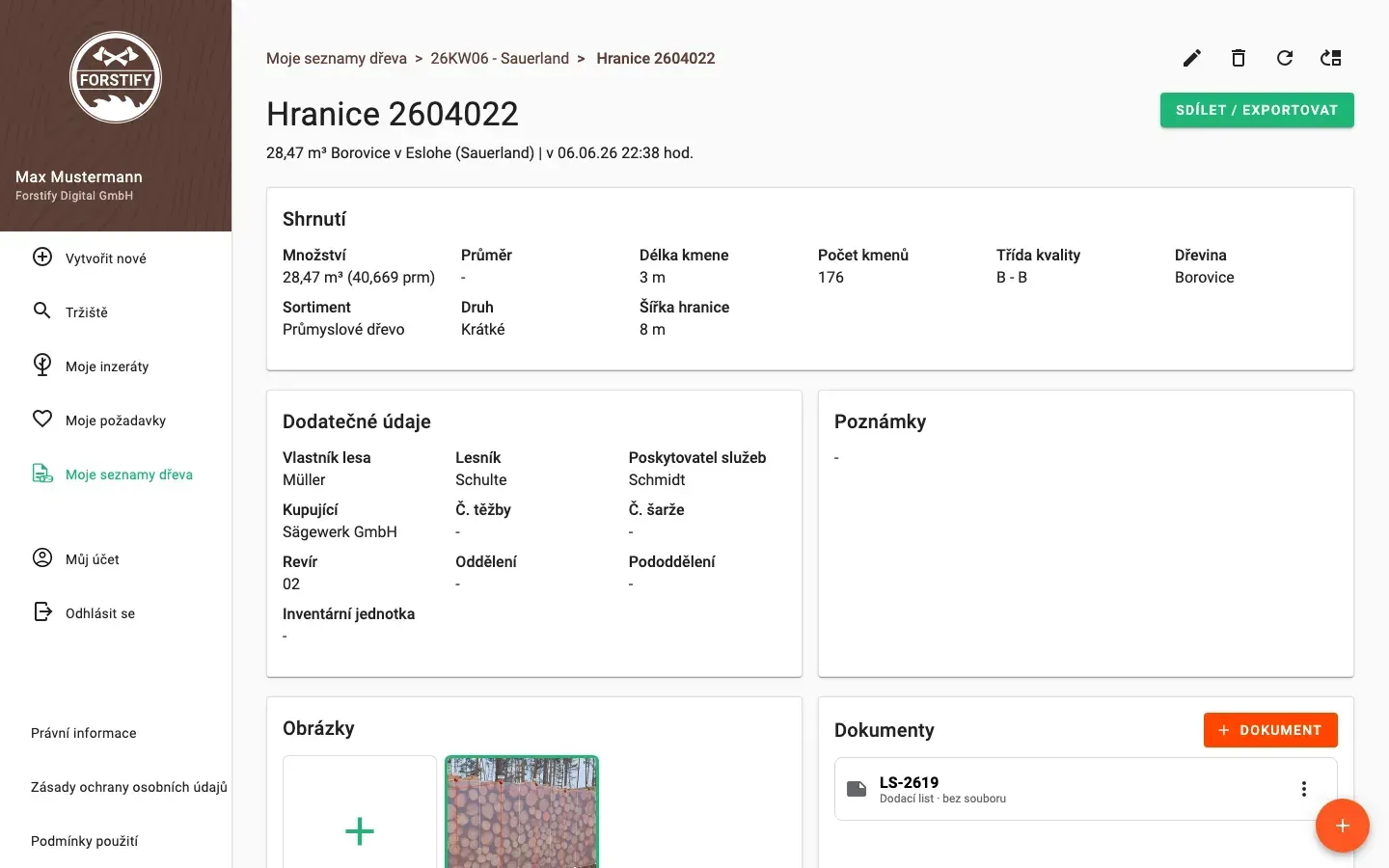 Log-pile detail with delivery status and linked documents in Forstify