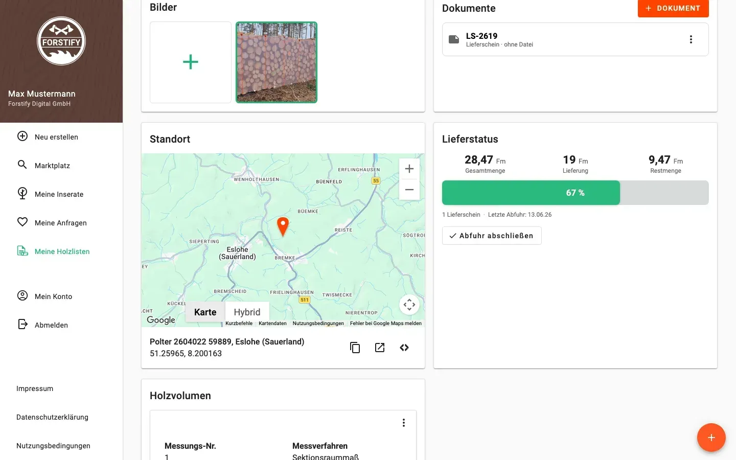 Polterdetail mit Lieferstatus und verknüpften Dokumenten in Forstify