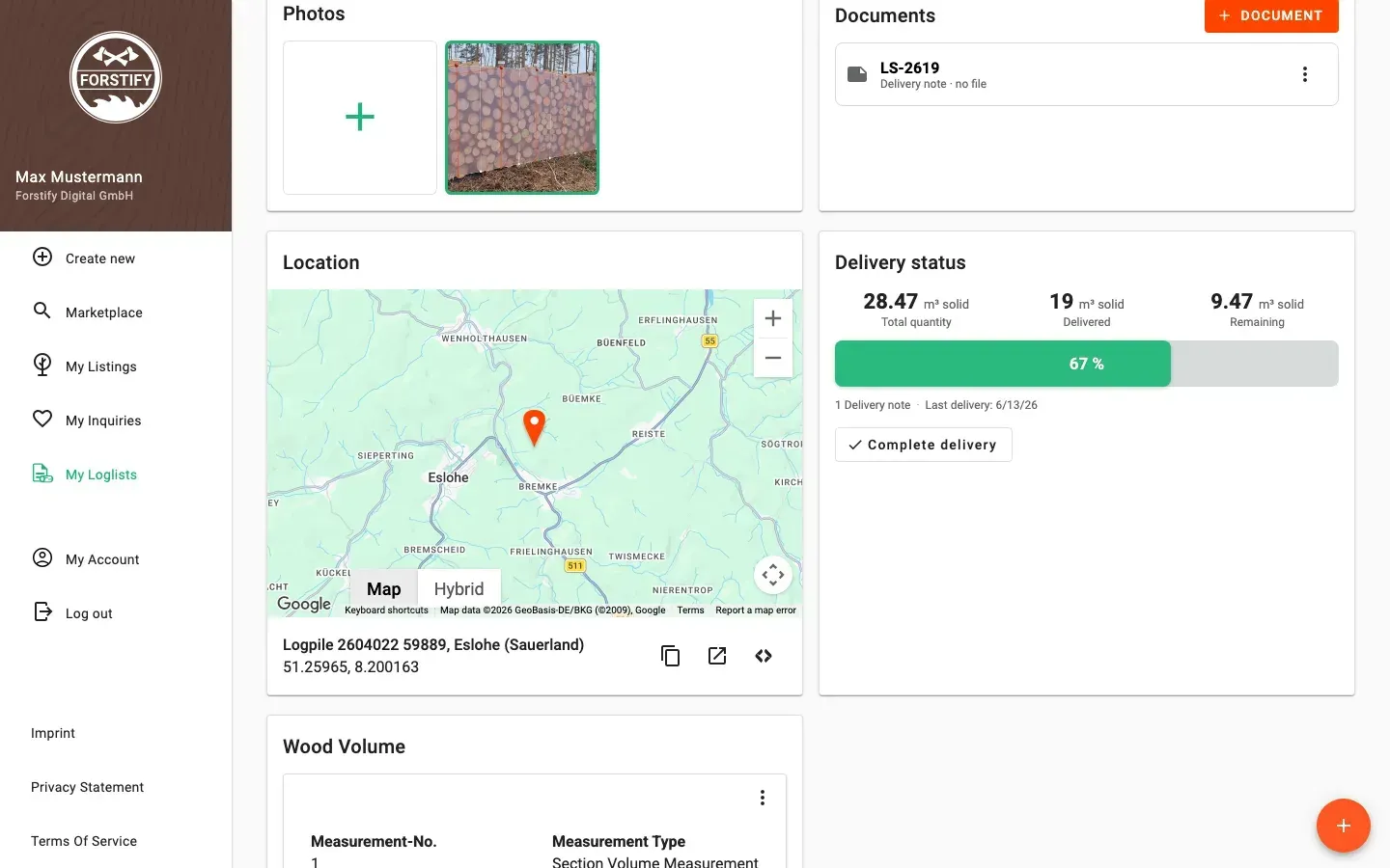 Log-pile detail with delivery status and linked documents in Forstify
