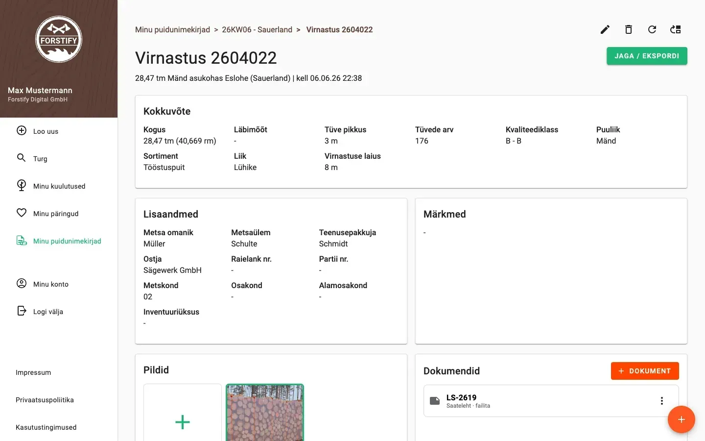 Log-pile detail with delivery status and linked documents in Forstify