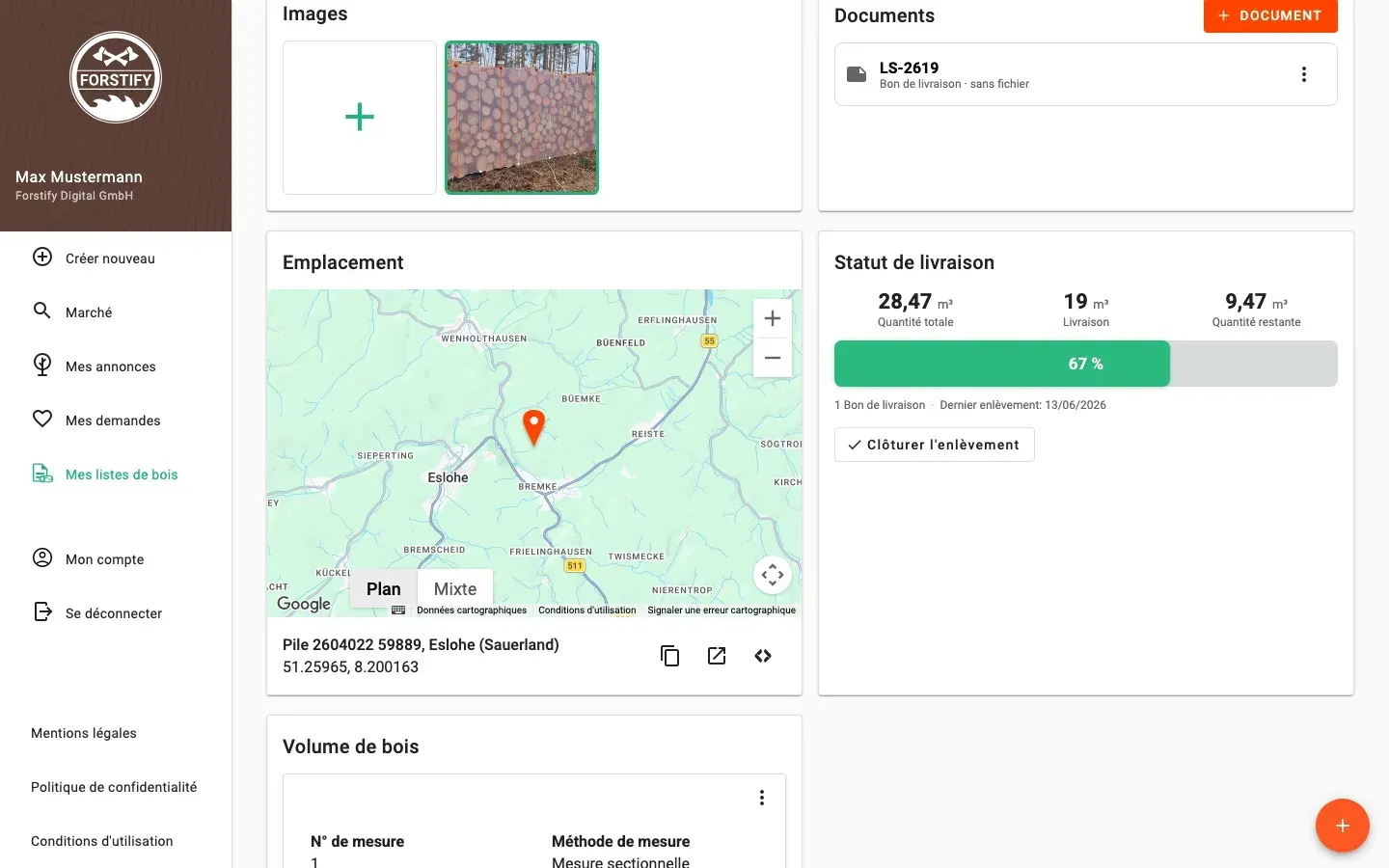 Log-pile detail with delivery status and linked documents in Forstify