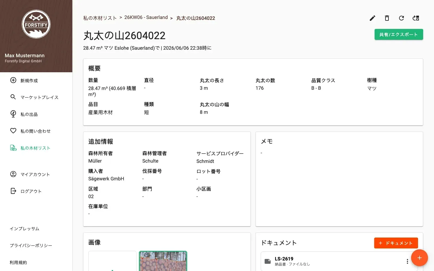 Log-pile detail with delivery status and linked documents in Forstify