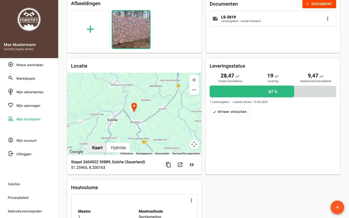 Log-pile detail with delivery status and linked documents in Forstify