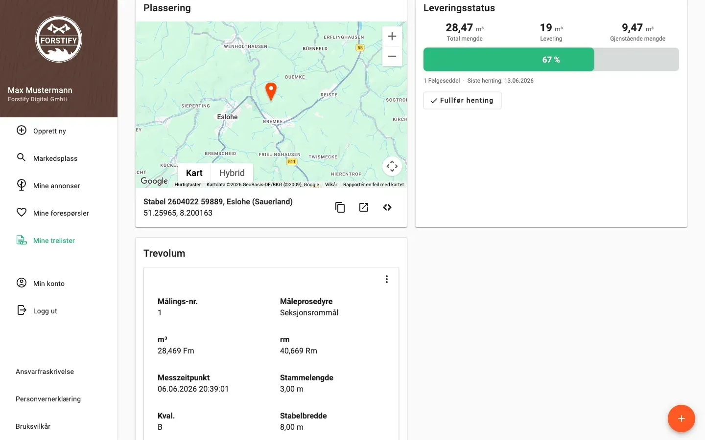 Log-pile detail with delivery status and linked documents in Forstify
