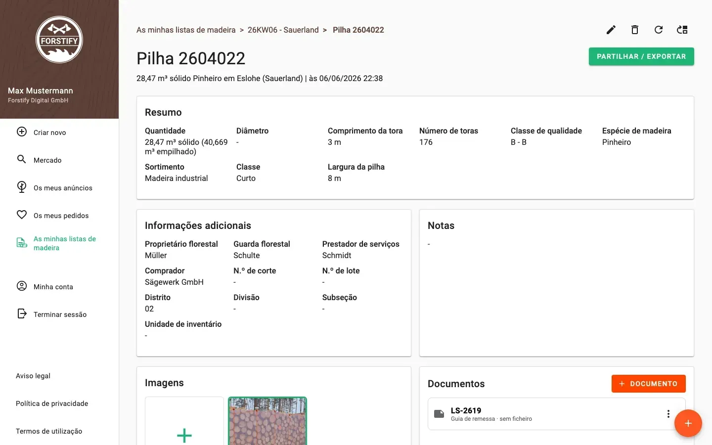 Log-pile detail with delivery status and linked documents in Forstify