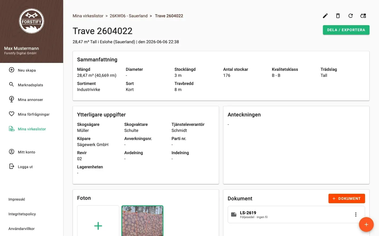 Log-pile detail with delivery status and linked documents in Forstify