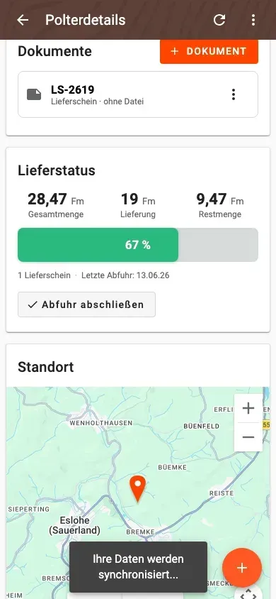 Polterdetail mit Lieferstatus und verknüpften Dokumenten in Forstify