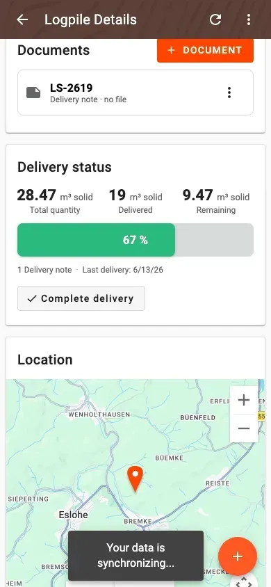 Log-pile detail with delivery status and linked documents in Forstify