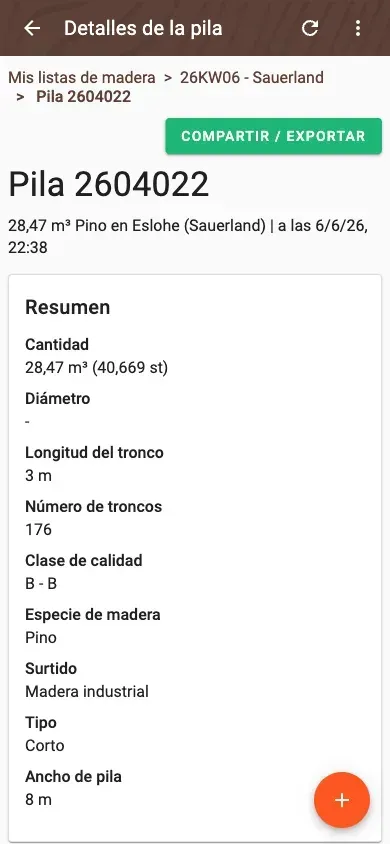 Log-pile detail with delivery status and linked documents in Forstify