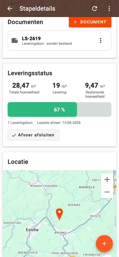 Log-pile detail with delivery status and linked documents in Forstify