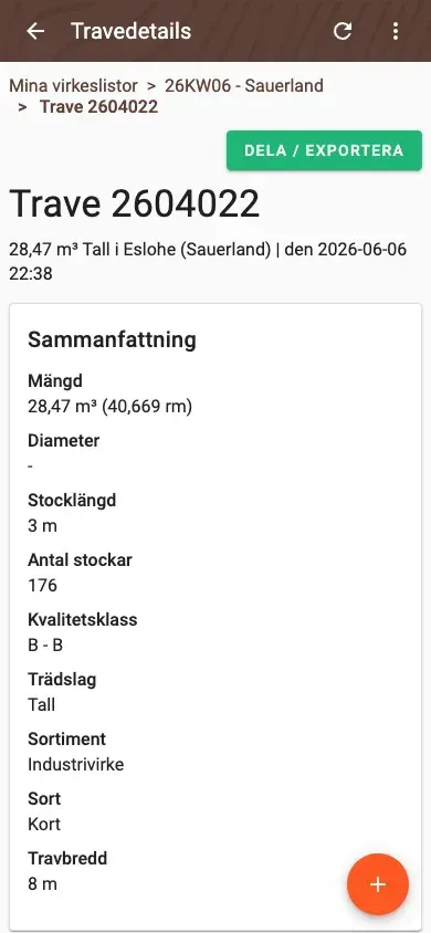 Log-pile detail with delivery status and linked documents in Forstify