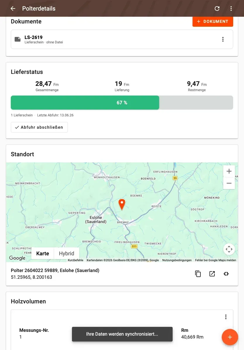 Polterdetail mit Lieferstatus und verknüpften Dokumenten in Forstify