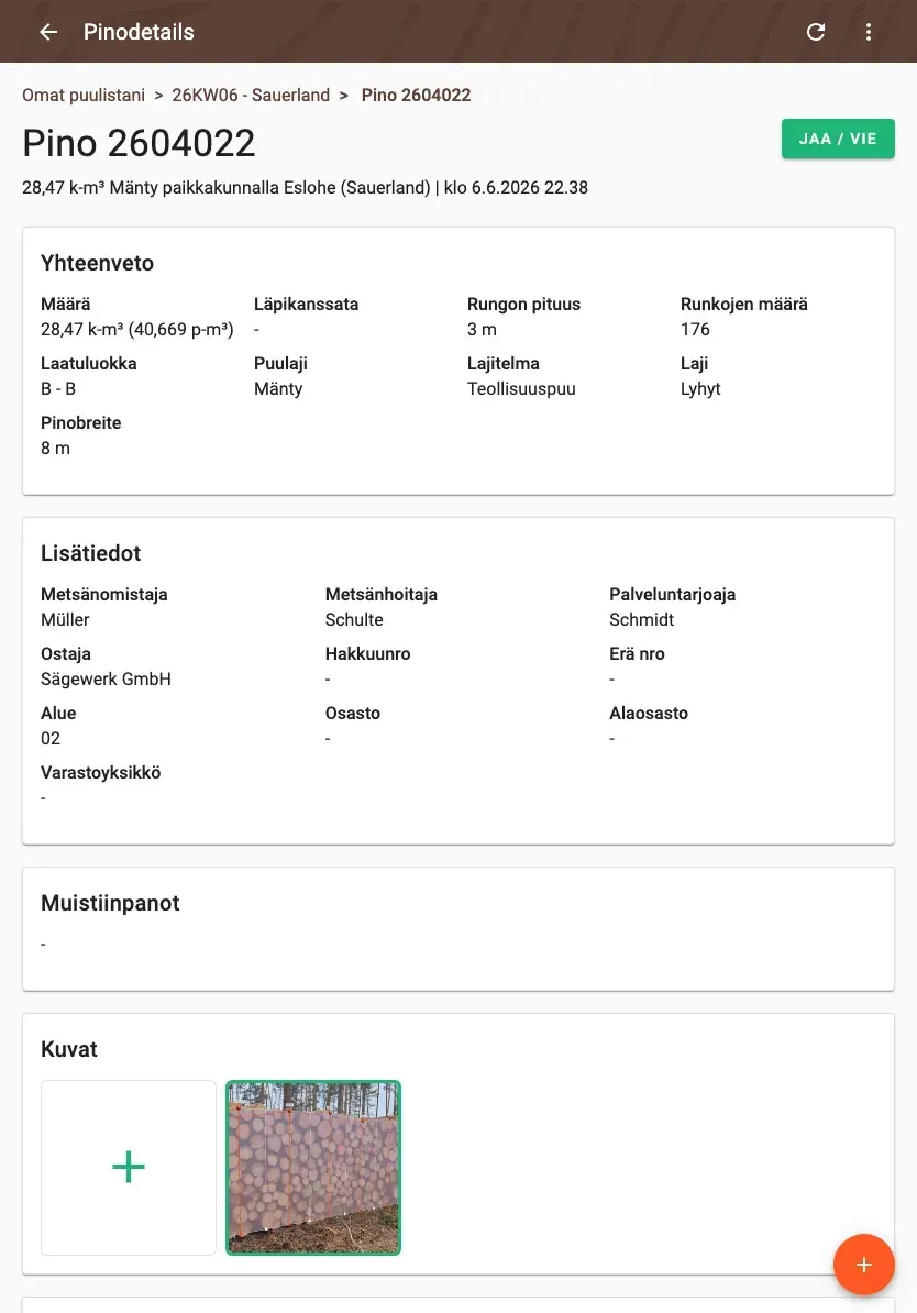 Log-pile detail with delivery status and linked documents in Forstify