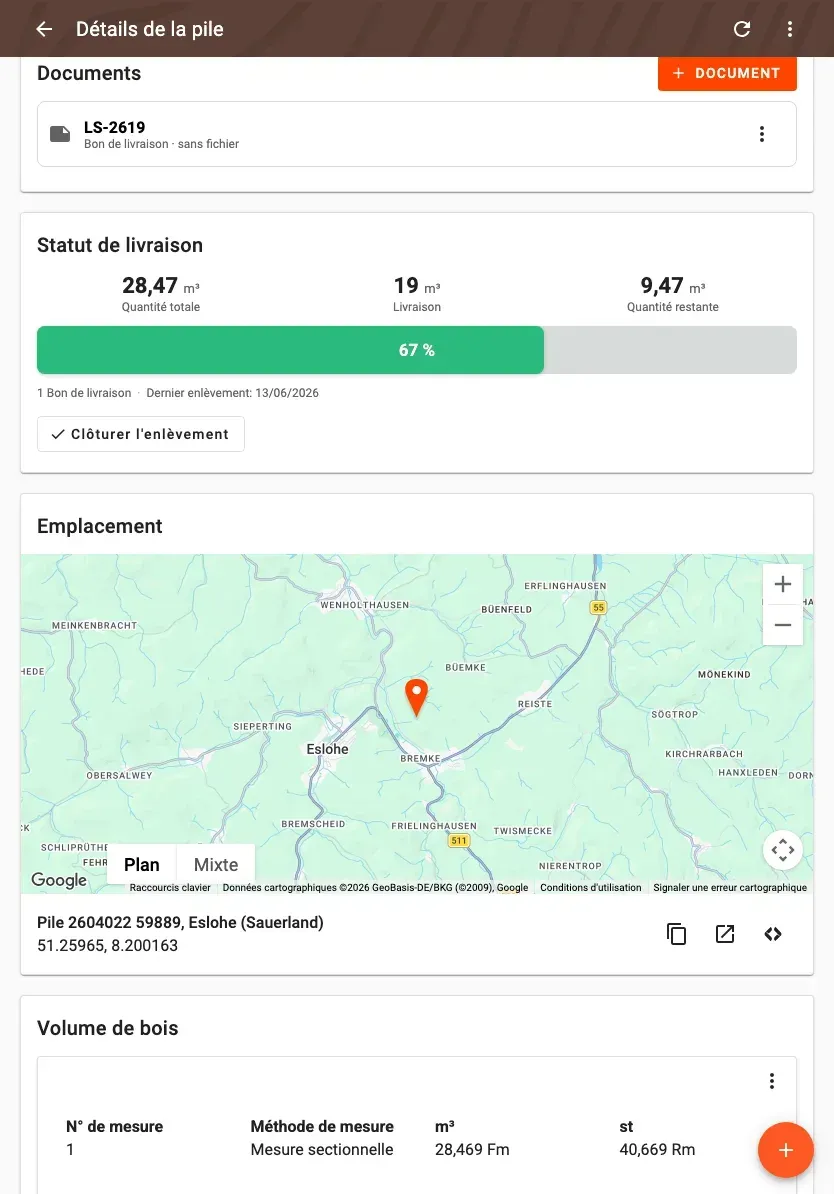 Log-pile detail with delivery status and linked documents in Forstify