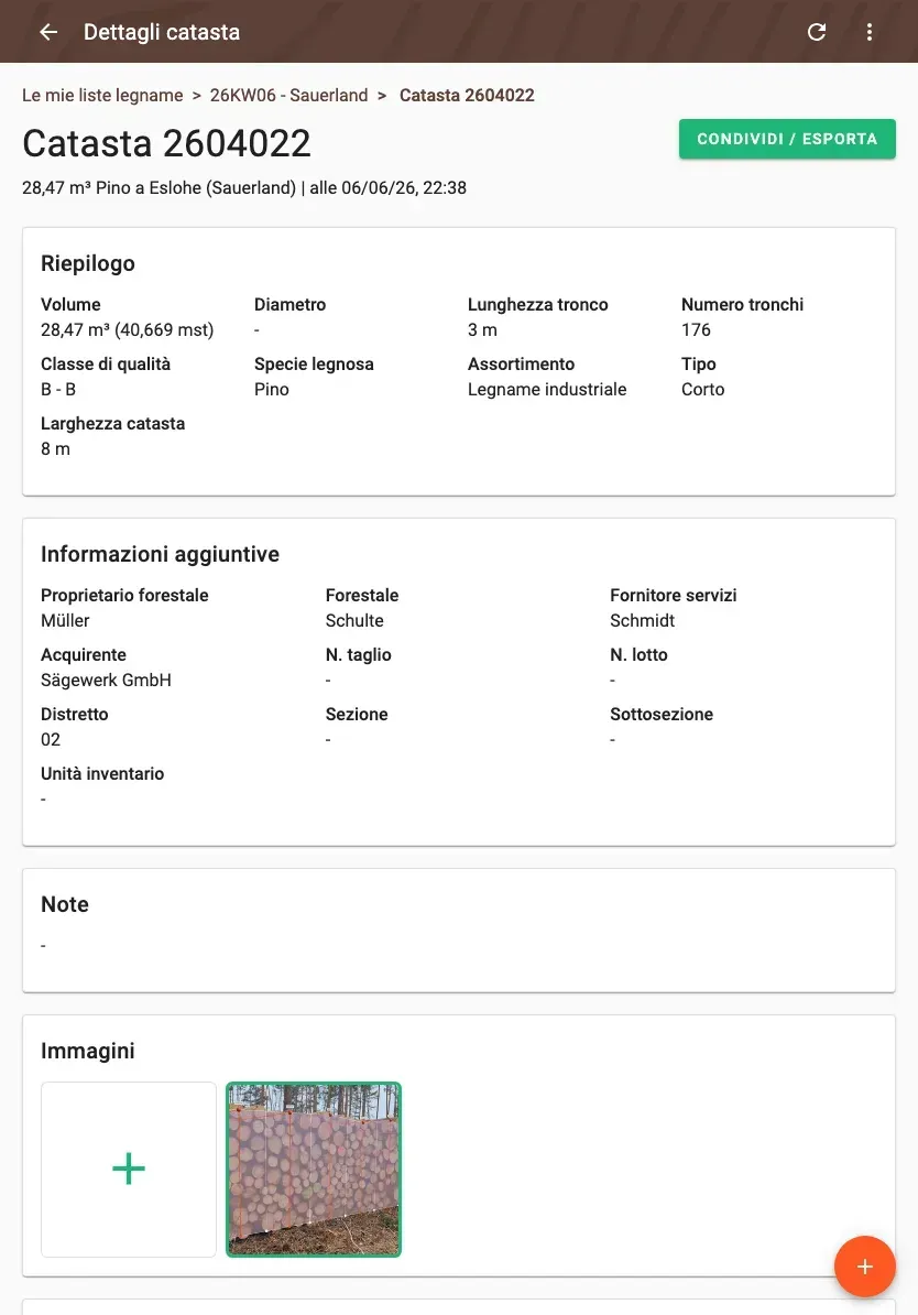Log-pile detail with delivery status and linked documents in Forstify