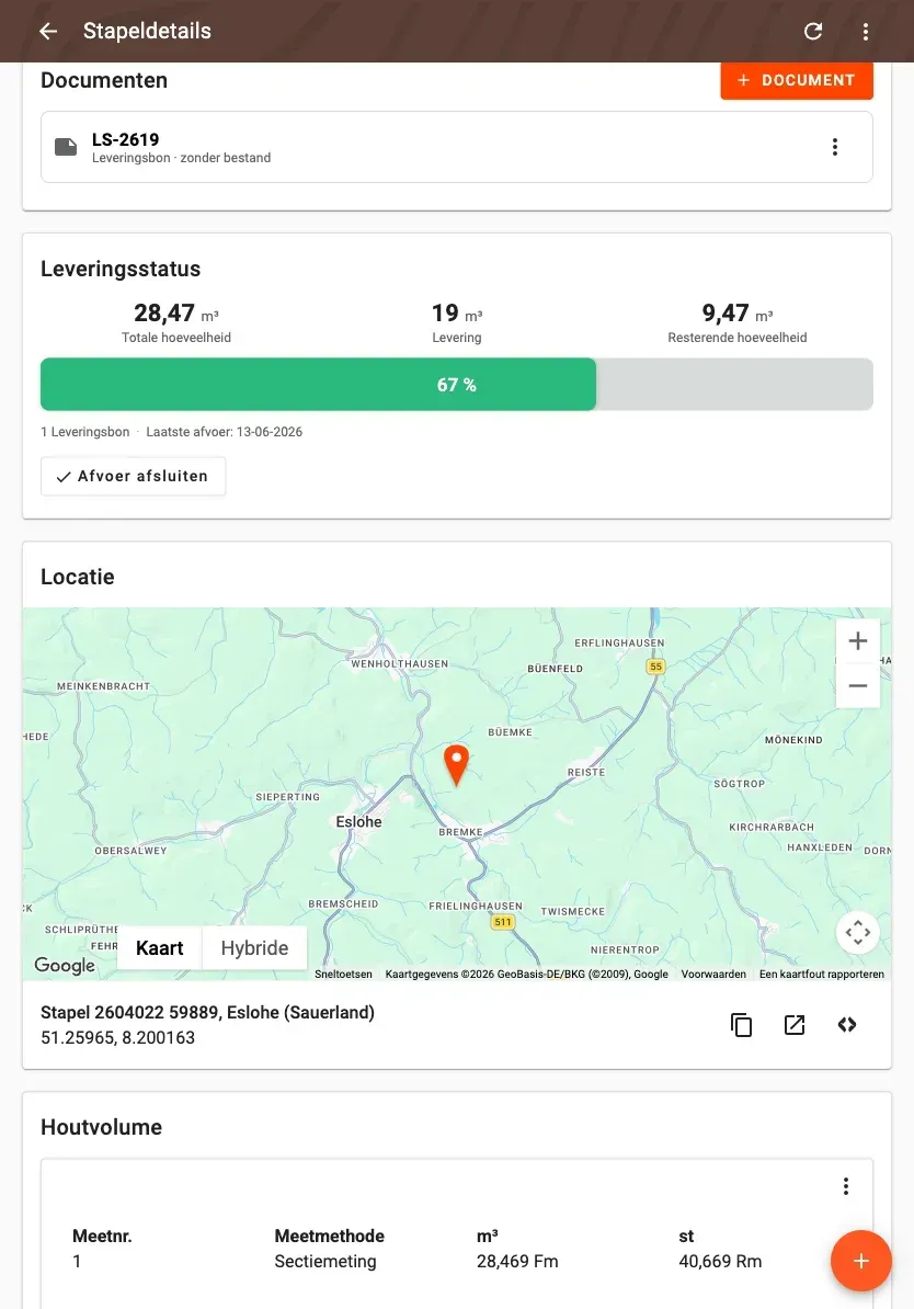 Log-pile detail with delivery status and linked documents in Forstify