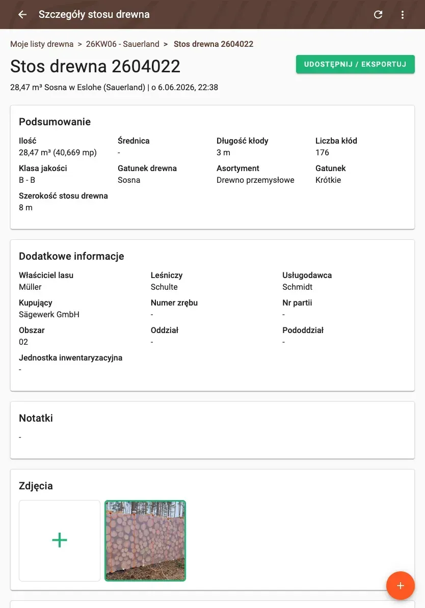 Log-pile detail with delivery status and linked documents in Forstify