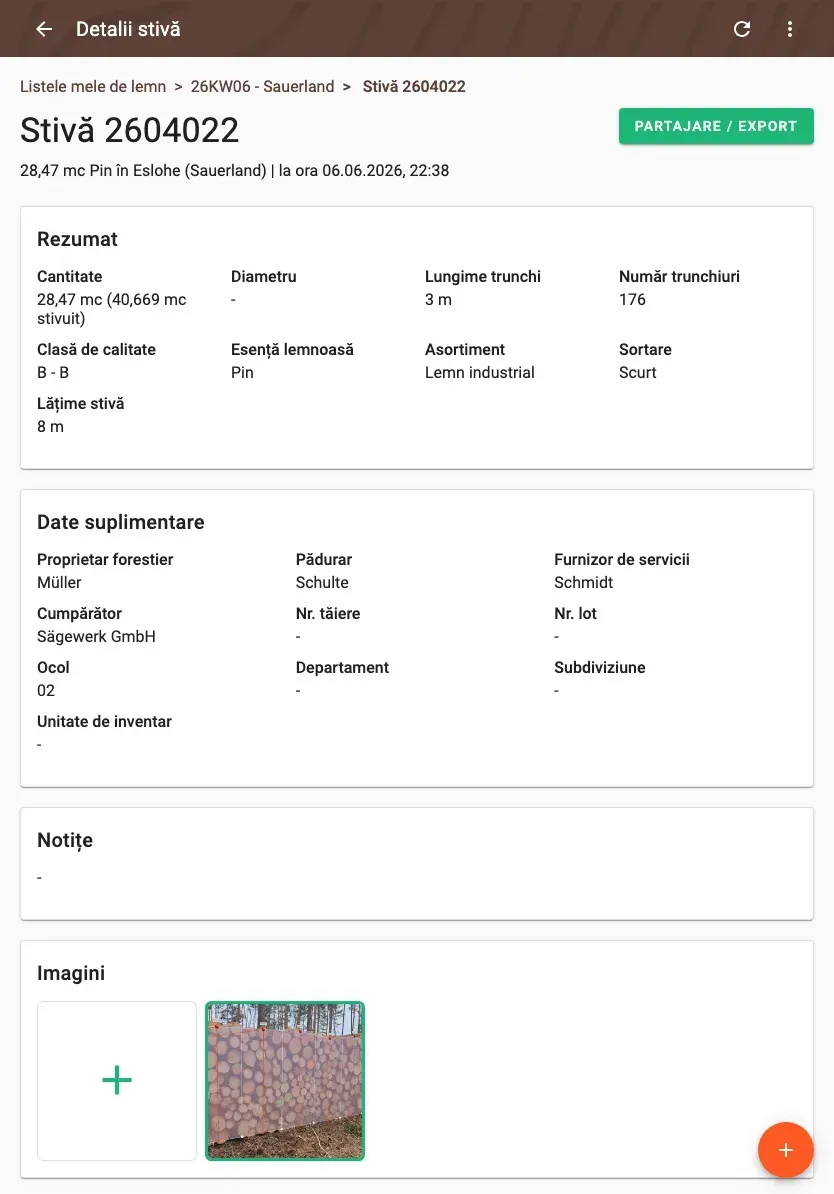 Log-pile detail with delivery status and linked documents in Forstify