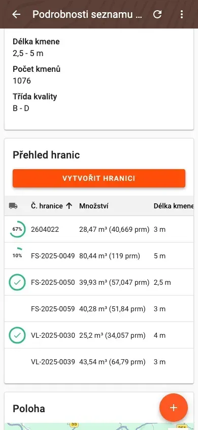 Přehled hranic v detailu seznamu dřeva