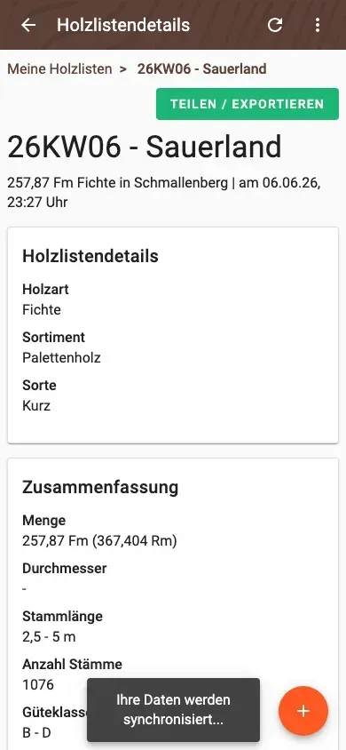Polterübersicht in den Holzlistendetails