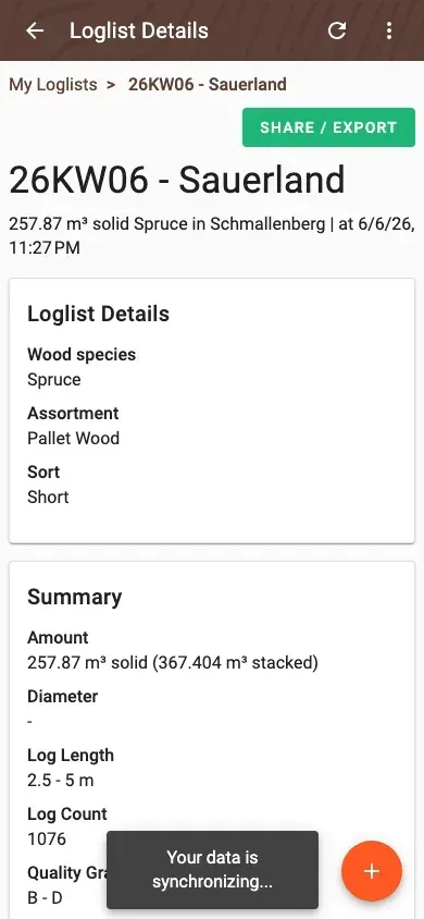 Log-pile overview in the wood-list details