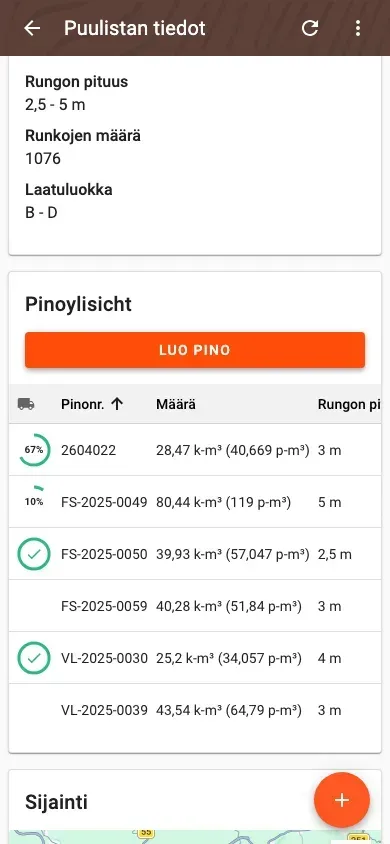 Pinojen yleiskuva puulistan tiedoissa