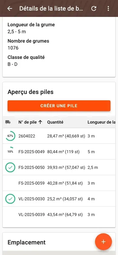 Liste des piles dans le détail de la liste de bois