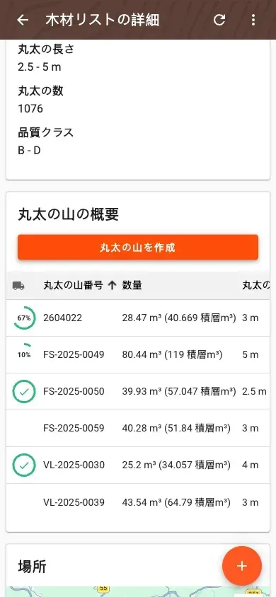木材リストの詳細における丸太の山の概要