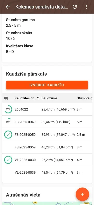 Grēdu pārskats kokmateriālu saraksta detaļās
